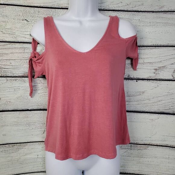 American Eagle Soft & Sexy Cold Shoulder Tie Sleeve Top XS Rose Pink Flowy Tee - Picture 2 of 7